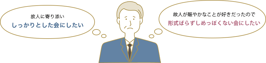 故人に寄り添いしっかりとした会にしたい 故人が賑やかなことが好きだったので形式ばらずしめっぽくない会にしたい